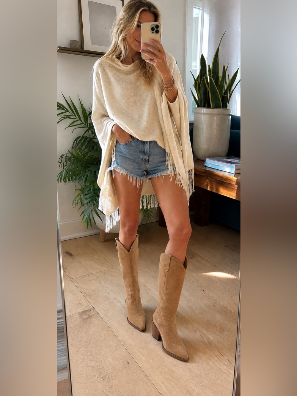 Zara NEW Croc-Embossed Mid-Calf Heeled Boot - Tan